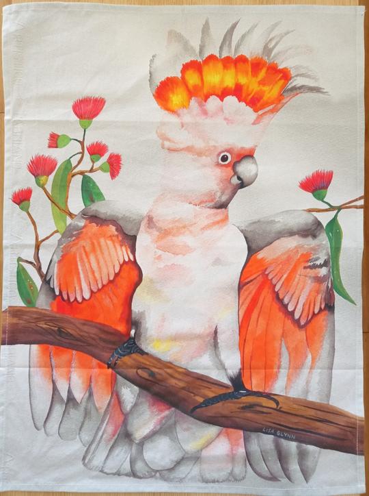 Major Mitchell Cockatoo Apricot Australian Souvenir Tea Towel 70cm x 50cm